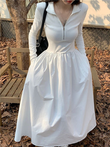 Autumn New Women Elegant Midi A Line Boho White Black Shirt Dress Female Vestdios Casual Lady One Piece Fashion Robe Clothes